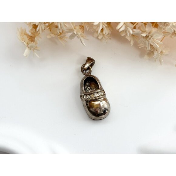 Children's Shoe Silver Toned Rhinestone Accented Vintage Pendant | Charm - Picture 2 of 9